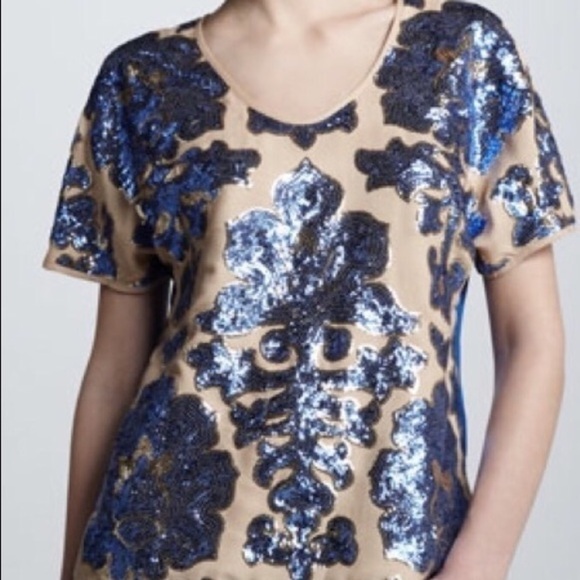 NWT Tracy Reese Blue Cream Sequin Short Sleeve Top - Picture 4 of 6